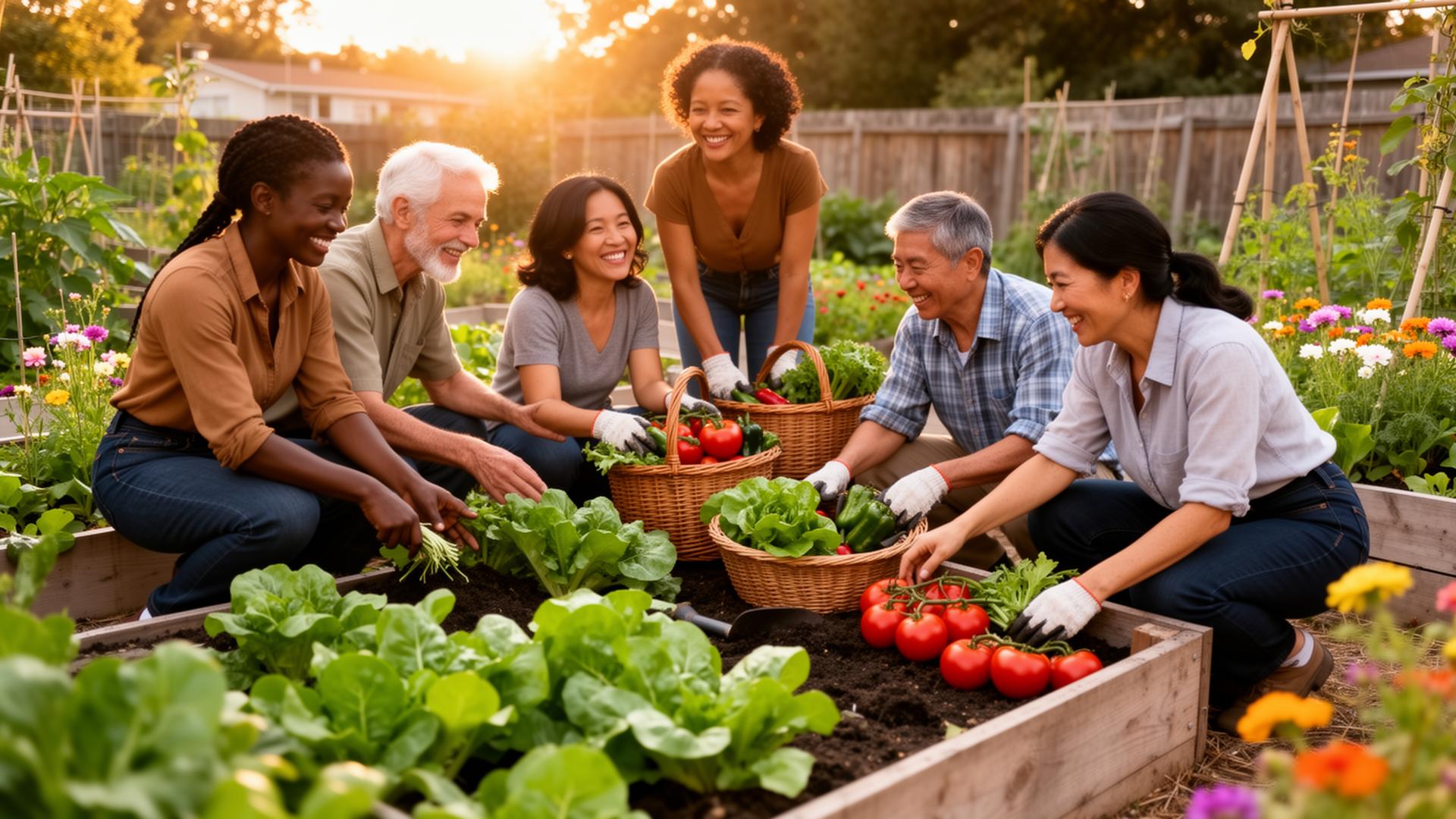 A diverse community gathered around raised garden beds, harvesting vegetables together